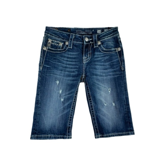 Miss Me Girl’s Fluer De Lis Pocket Design Rhinestone Bling Bermuda Jean Shorts - Picture 2 of 10